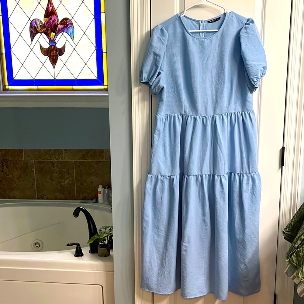 Puff Sleeve Flare Hem Solid Dress blue
